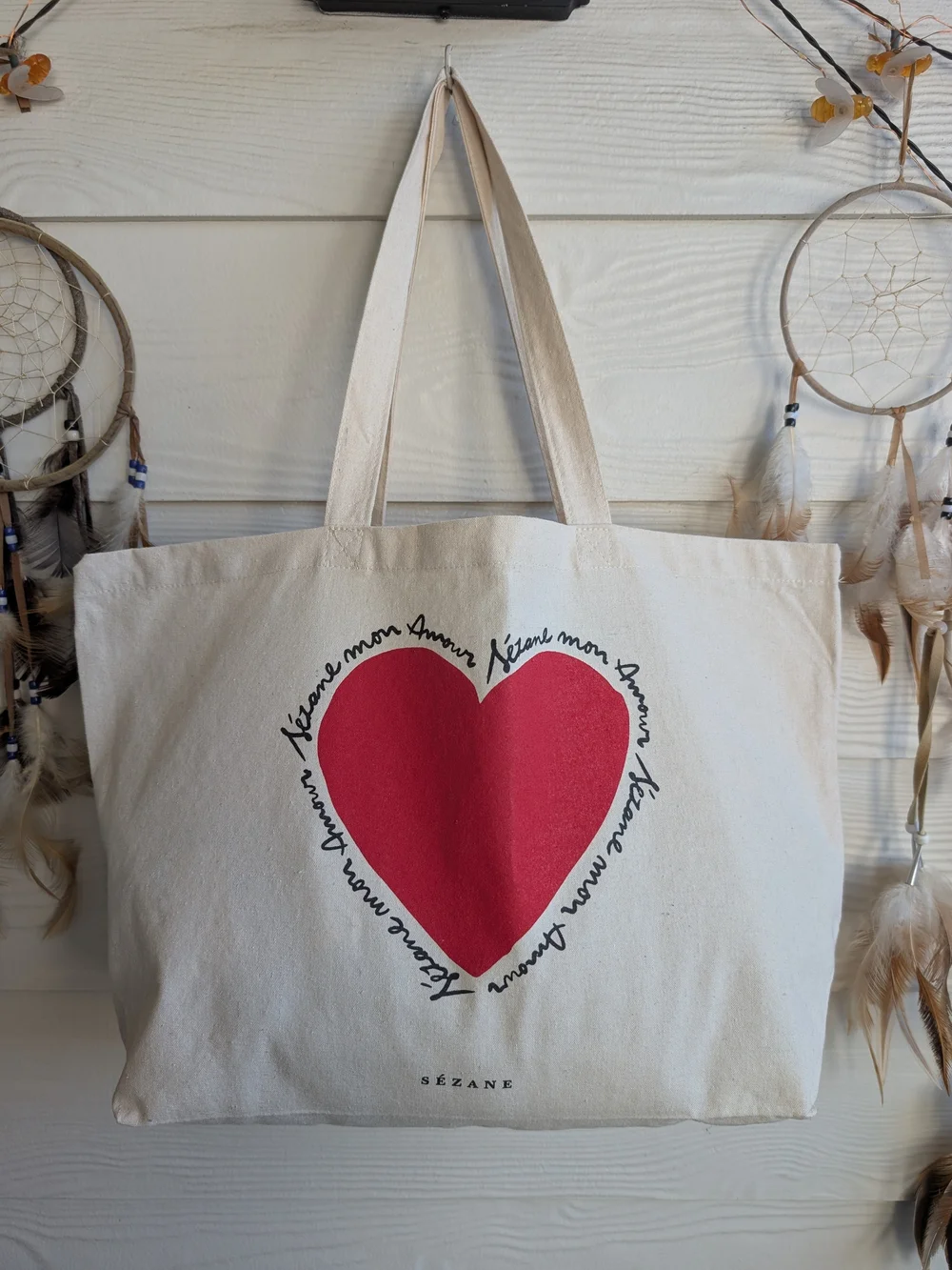 Sézane Canvas Tote Bag Red Heart Bonjour l'Amour